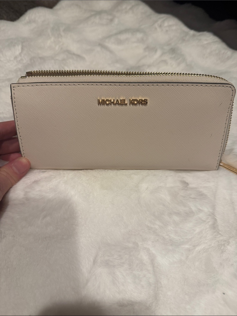 Michael Kors Cream Saffiano Zip Wallet with Gold Logo